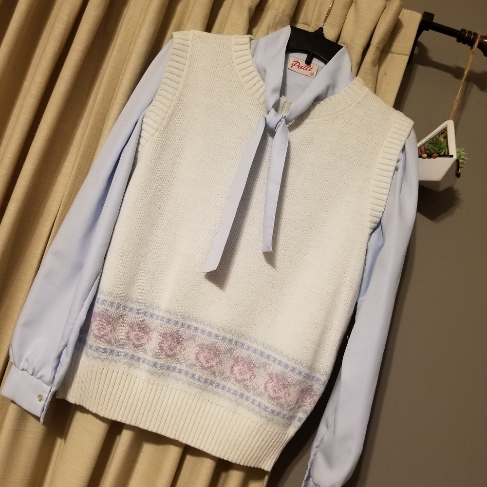 Womens Vintage Bow Blouse and Sweater Vest